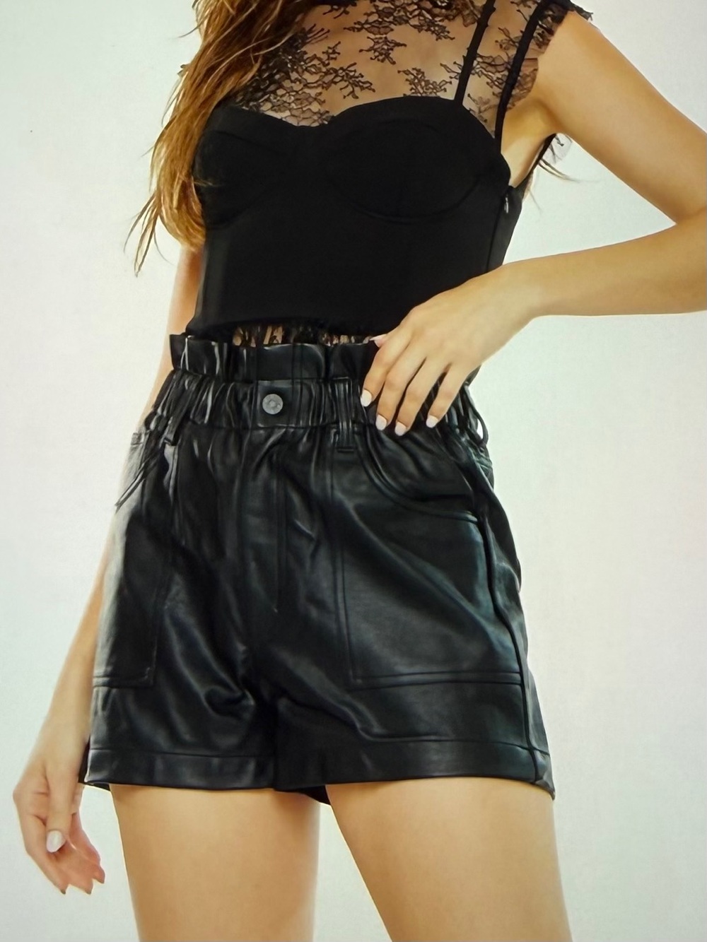 KanCan Black High-Waist Faux Leather Paperbag Shorts